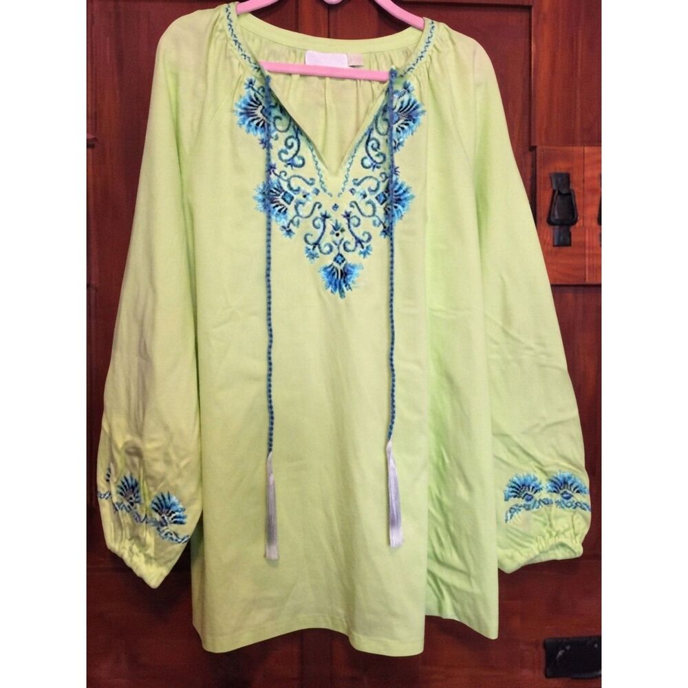 Bellisima by Kim Gravel Lime Green Boho Top w/ Blue Embroidery Size 2X NIP!